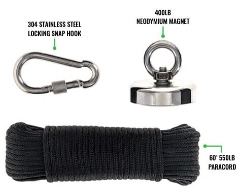 400 LB Pull Strength Magnet Fishing kit with 60'/500 Lb Paracord and 304 Stainless Steel Snap Hook
