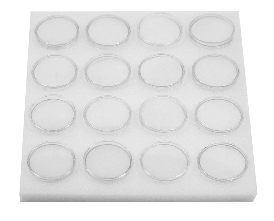 16Pc Round Gem Jars/Holders W/Snap on Lids in White Foam, Individual Size 1-1/2" x 3/4"