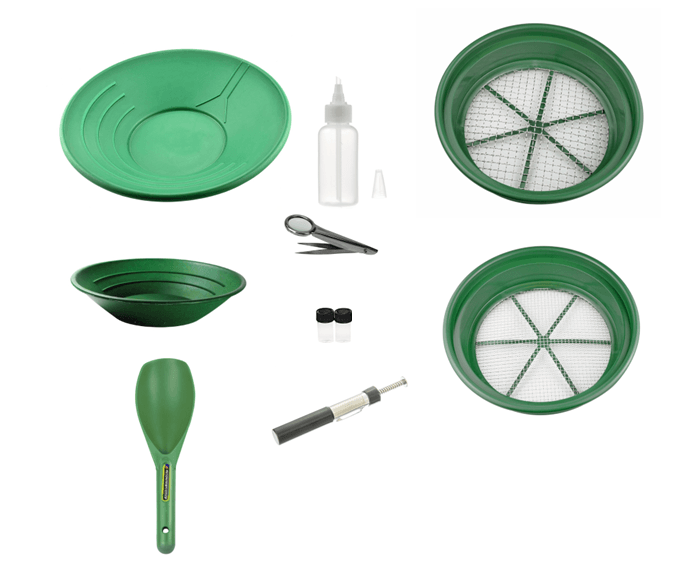 10 Piece Gold Prospecting kit with 2 pans, scoop, two classifiers, snuffer bottle, magnifier tweezer, black sand magnet and two vials.