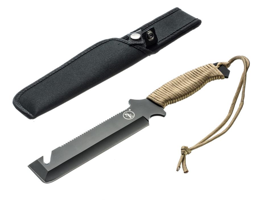 12" Black Full Tang Hunting Knife with Gut Hook, 4" Saw Spine, Desert Camo Paracord-Wrapped Handle & Nylon Sheath