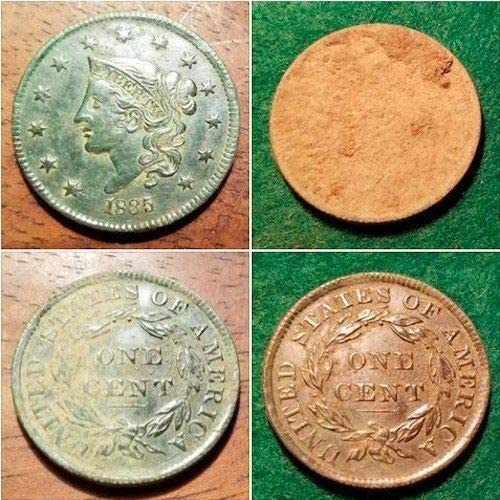 before and after coin cleaned with andres relic and coin cleaning pencil set