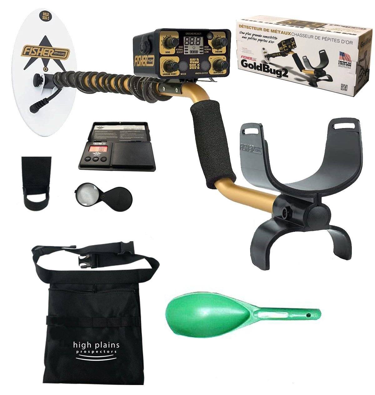 Fisher Gold Bug 2 Nugget Hunter Metal Detector 10" Coil Bundle with Scoop, Holster, 2" Loupe, T2 Scale and Large Finds Pouch
