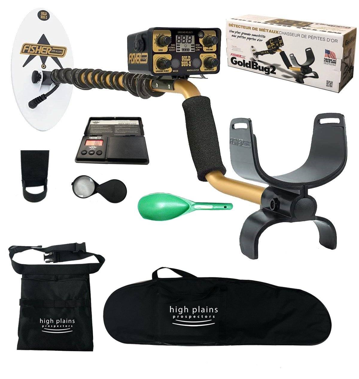 Fisher Gold Bug 2 Nugget Hunter Metal Detector 10" Coil Bundle with Prospecting Gear, Carry Bag