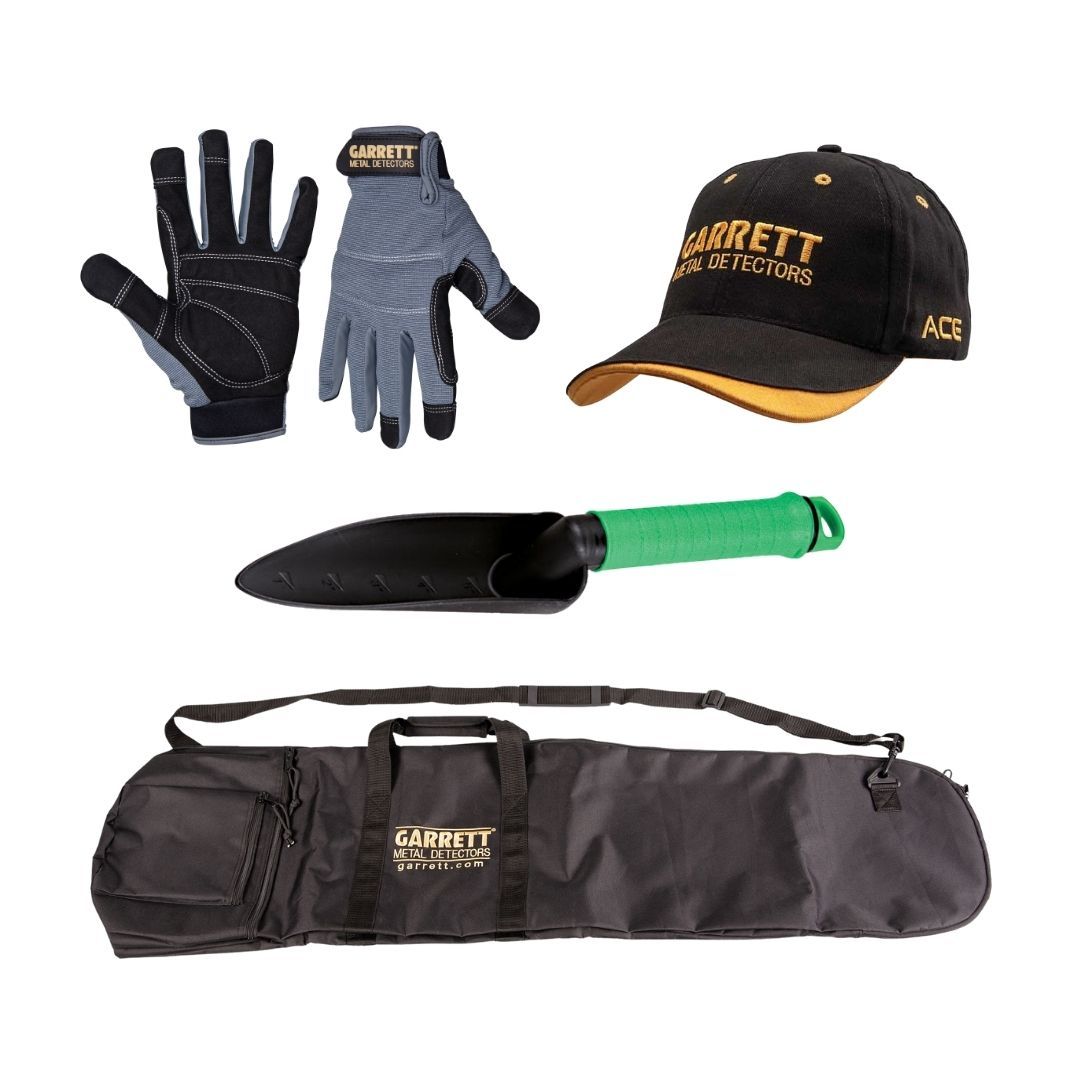 garrett ace 250 metal detector with garrett gear, all purpose carry bag, garrett gloves, composite digging tool and garrett hat