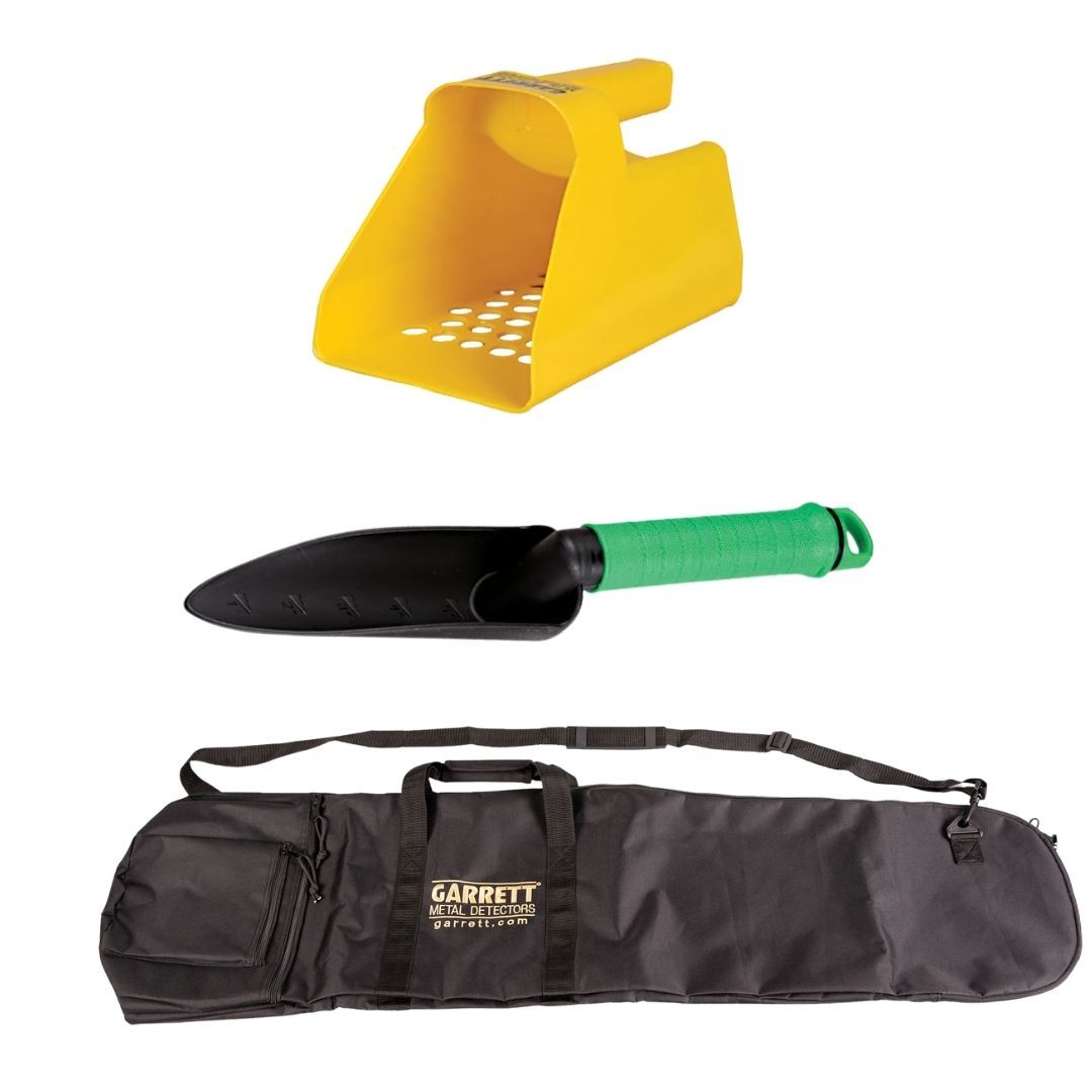Garrett Ace 300 Metal Detector with Garrett All-Purpose Carry Bag, Camo Finds Pouch, Treasure Digger & Plastic Sand Scoop