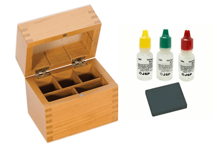 Gold testing acid solution kit with testing stone and wooden storage box
