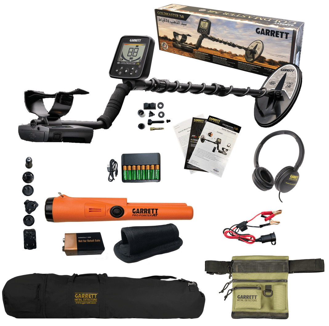 Goldmasteer 24K Metal Detector Stock Contents with carry bag, finds pouch, and garrett pro pointer at pinpointer