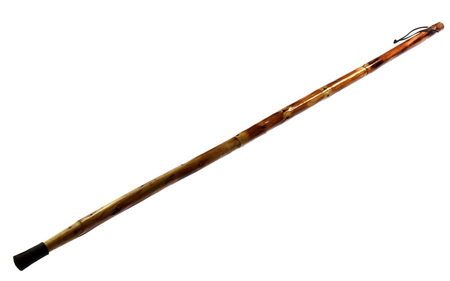 three piece wooden walking stick shown assembled