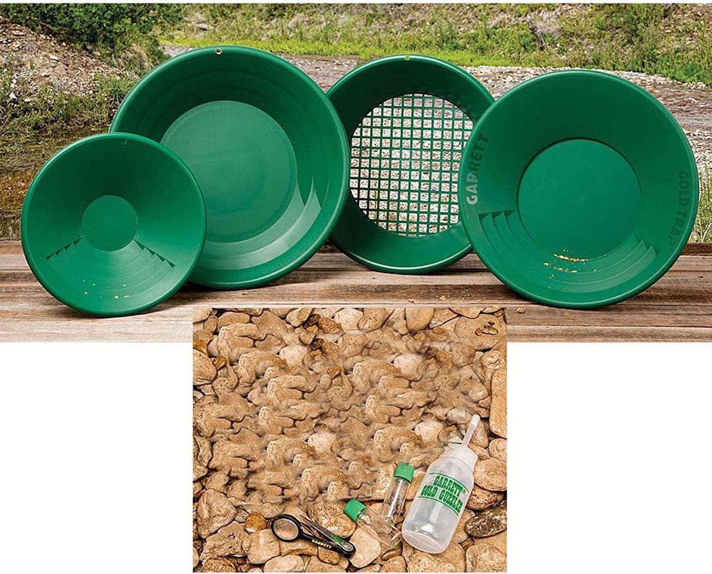 Included in the Garrett Deluxe Gold Panning Kit:  • 15" SuperSluice Pan  • 14" Prospector Pan  • 10" Backpacker Pan  • Classifier  • Gold Guzzler bottle  • 2 Gold vials  • Tweezers  • How to Find Gold field guide by Charles Garrett and Roy Lagal lifestyle image