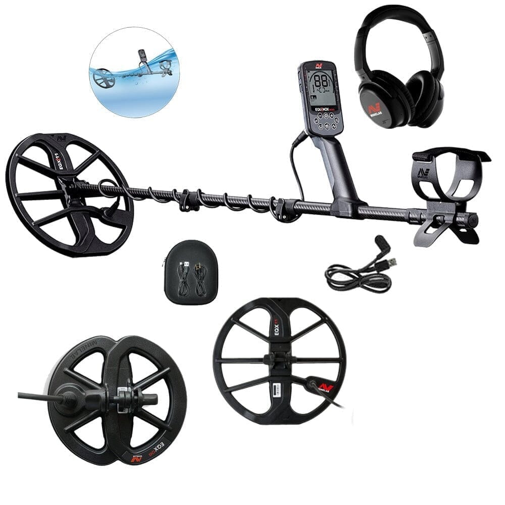 Minelab Equinox 900 metal detector with 11" and 6" search coil, charging cable, headphones, and wireless module