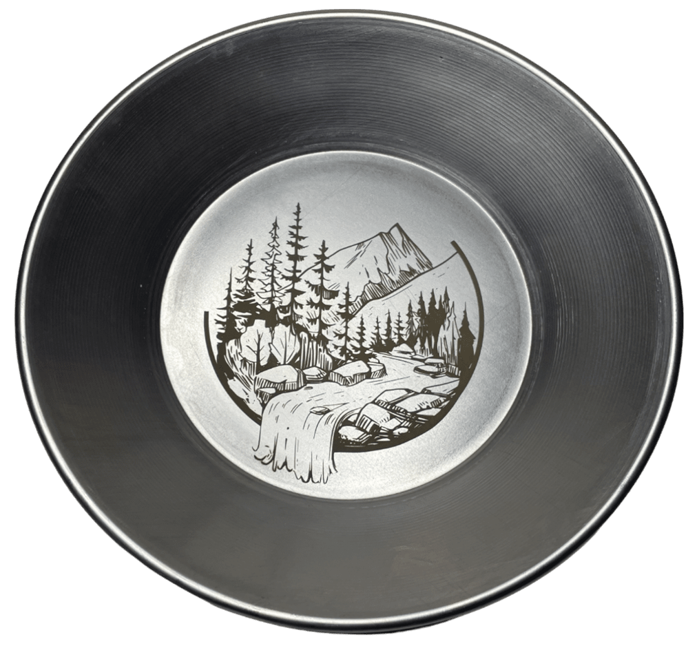 9" Engraved Steel Metal Gold Pan - Prospecting Mountain Scene