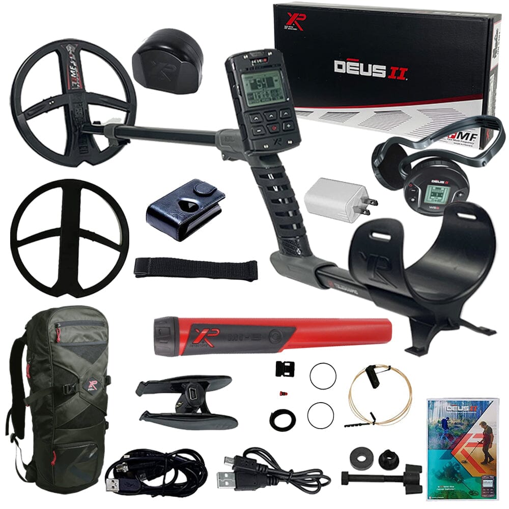 XP DEUS II FMF Metal Detector with 9″ FMF Search Coil, Remote, WS6 Headphones, & MI-6 Pinpointer and backpack