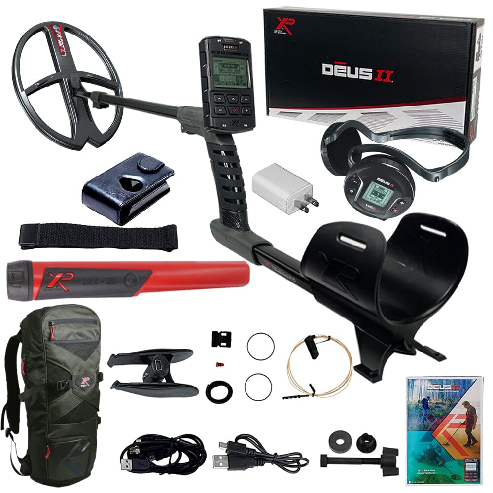 XP Deus II Waterproof Metal Detector, 13" x 11" FMF Coil, Remote, WS6 Backphones, FREE MI-6 Pinpointer AND Backpack 240