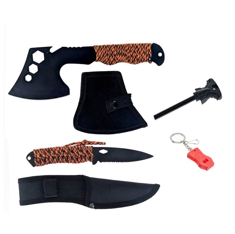 4-Piece Survival Essentials Kit: 10.5" Axe, 8" Knife, Fire Starter, Whistle