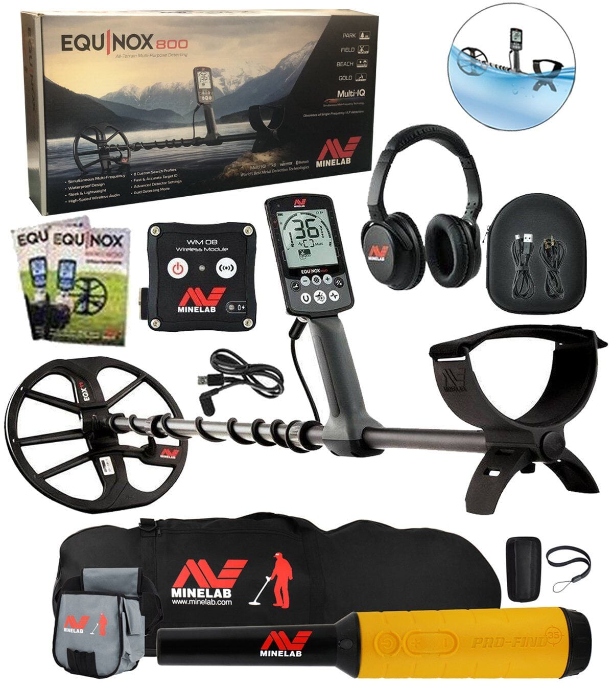 Amazon Returned Equinox 800 Metal Detector two coil Bundle, Pro-Find 35 Pointer with Minelab Gear
