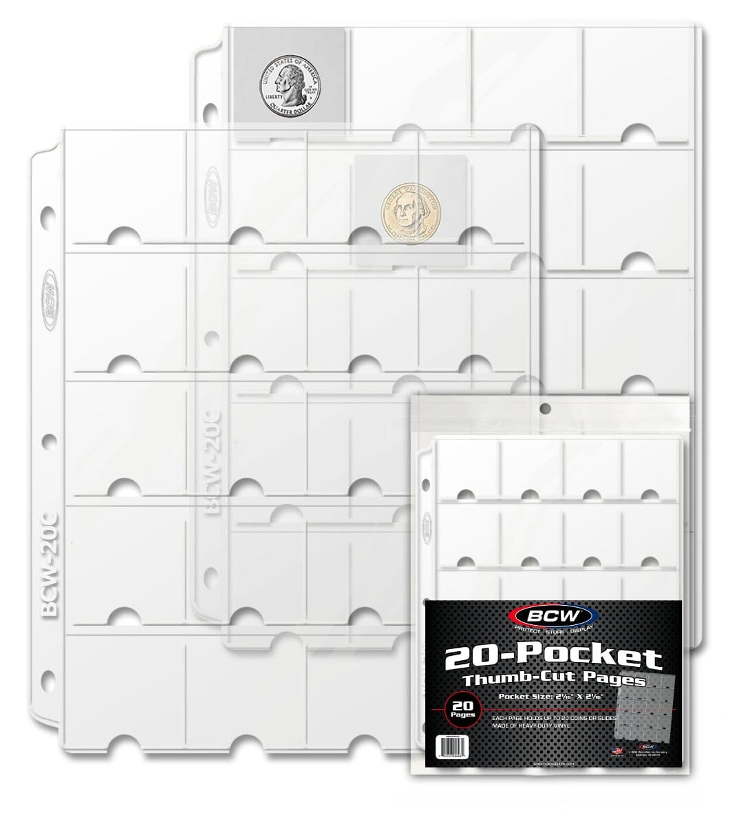 Plastic 20-Pocket Coin Collectors Album Page with Thumb Cut