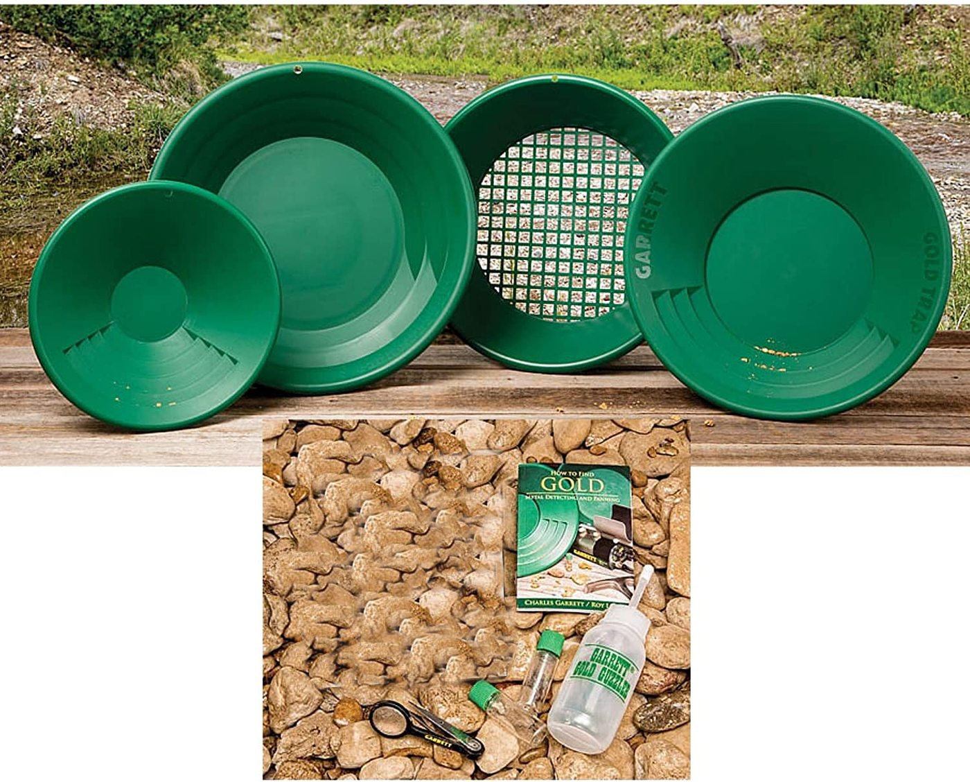 Included in the Garrett Deluxe Gold Panning Kit:  • 15" SuperSluice Pan  • 14" Prospector Pan  • 10" Backpacker Pan  • Classifier  • Gold Guzzler bottle  • 2 Gold vials  • Tweezers  • How to Find Gold field guide by Charles Garrett and Roy Lagal lifestyle image