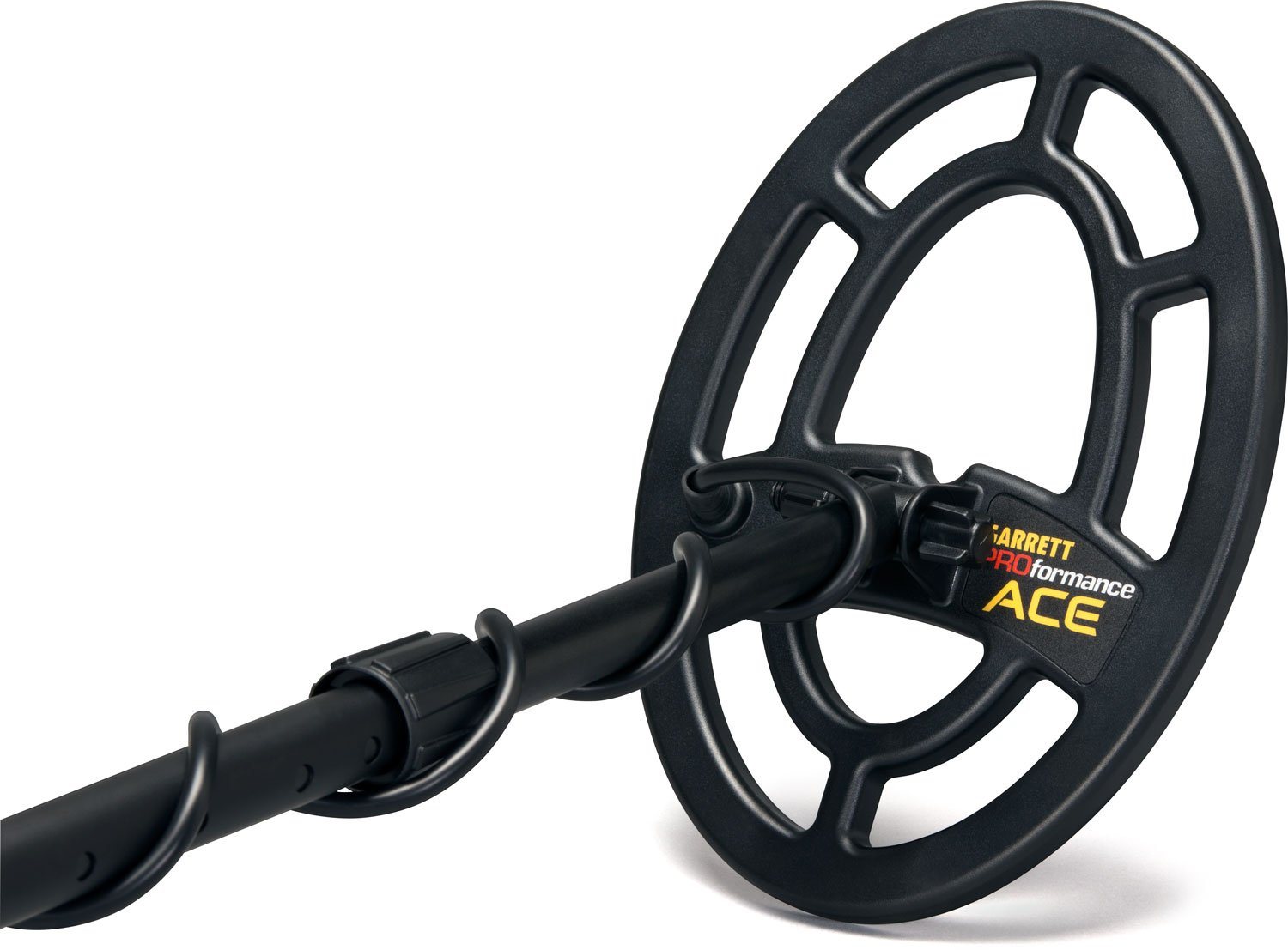 Stock concentric metal detector coil mounted on Garrett ACE 300 metal detector.