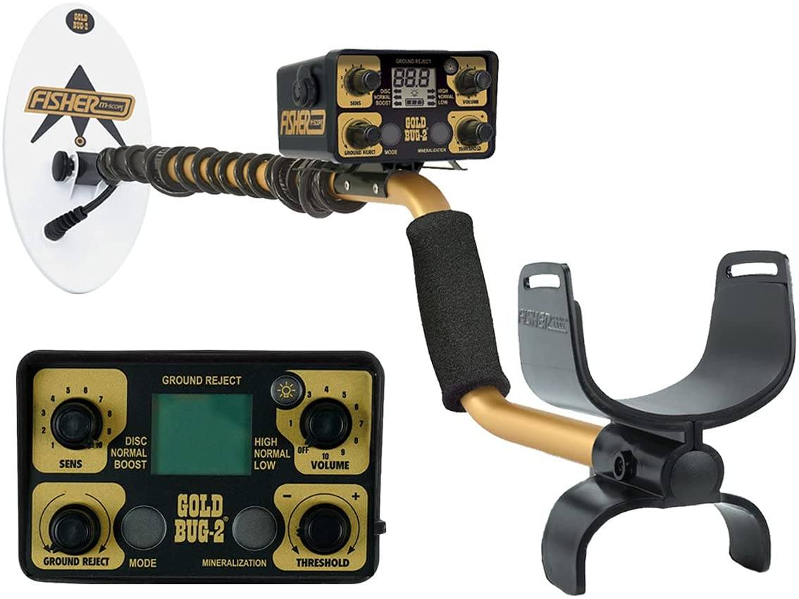 Fisher Gold Bug 2 Nugget Hunter Metal Detector 10" Coil Bundle with Prospecting Gear, Carry Bag
