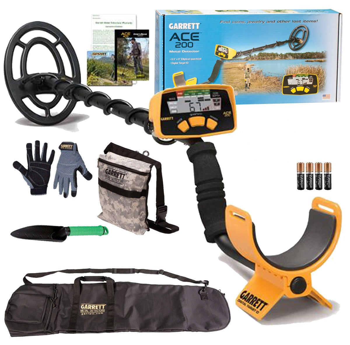 Garrett ACE 200 Metal Detector with Detecting Gloves, Camo Diggers Pouch, and Treasure Digger