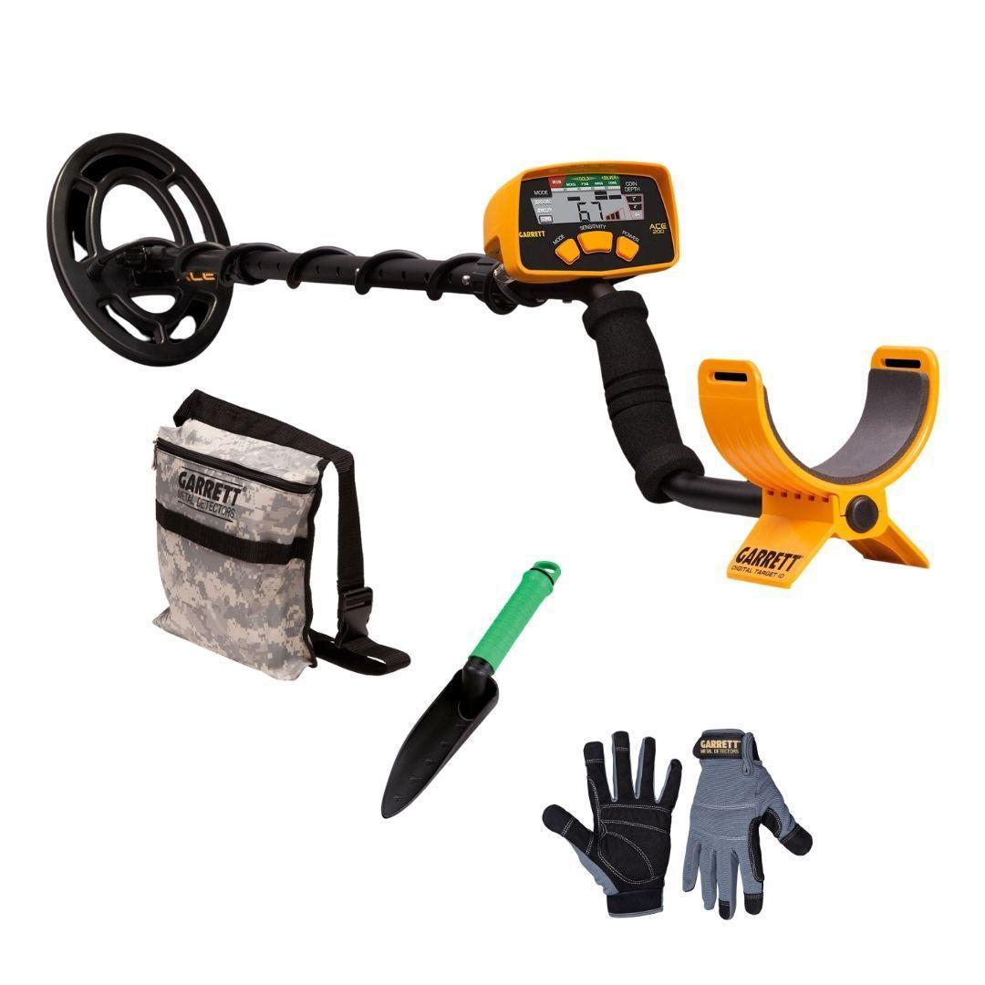 Garrett ACE 200 Metal Detector with Detecting Gloves, Camo Diggers Pouch, and Treasure Digger