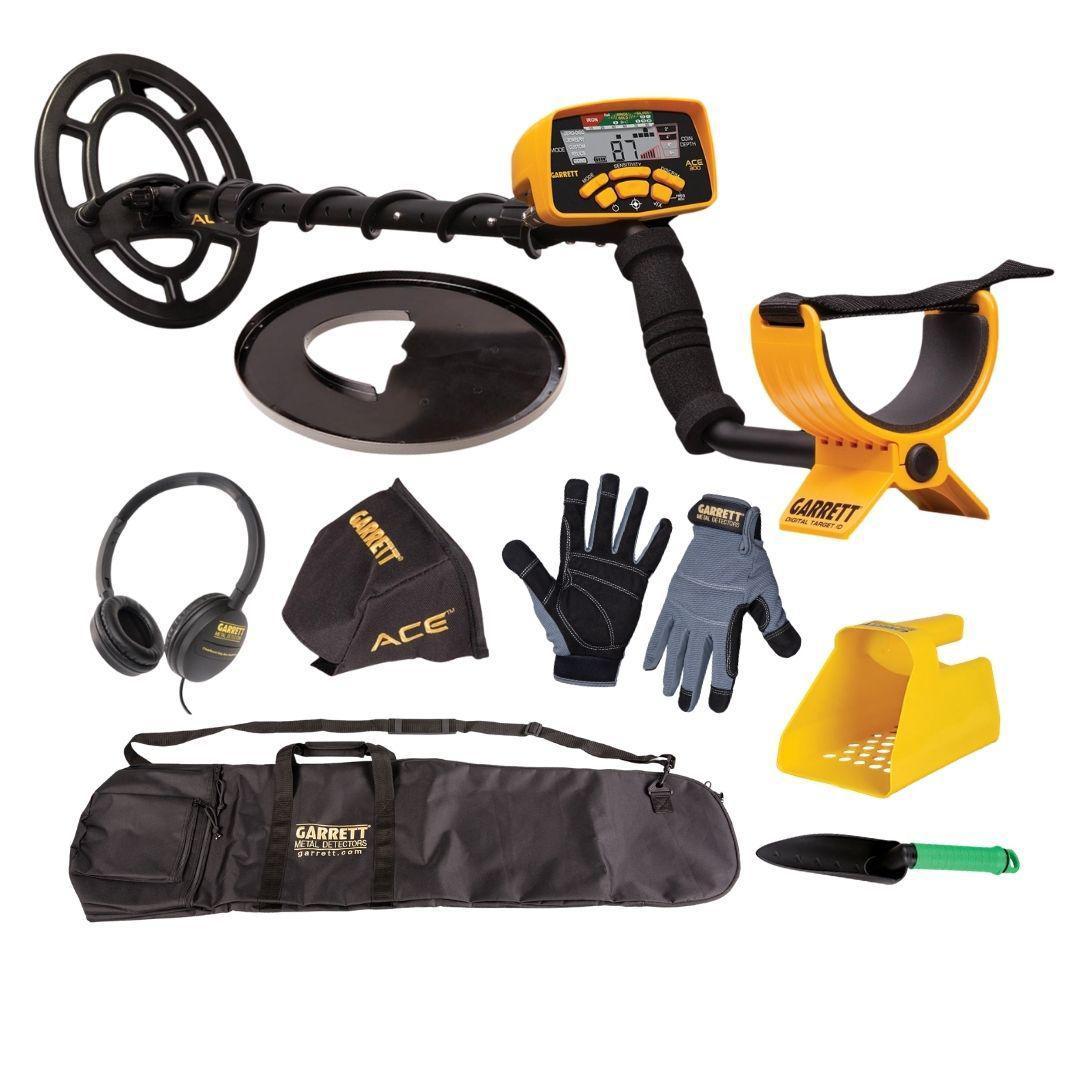 Garrett Ace 300 Metal Detector with Garrett All-Purpose Carry Bag, Treasure Digger, Plastic Sand Scoop & Detecting Gloves