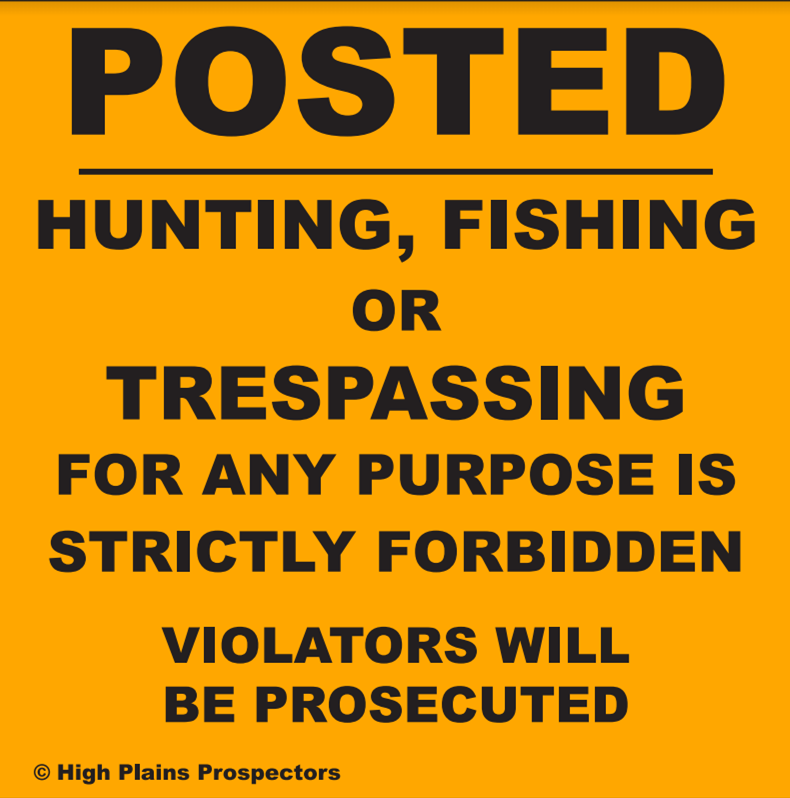 Corner Marker Sign - Posted.  Hunting, Fishing, or Trespassing, for any purpose strictly forbidden.  Violators will be prosecuted.