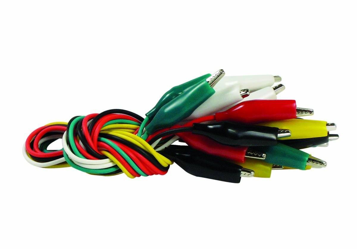side view of alligator electrical test leads in red, black, white, yellow, and green