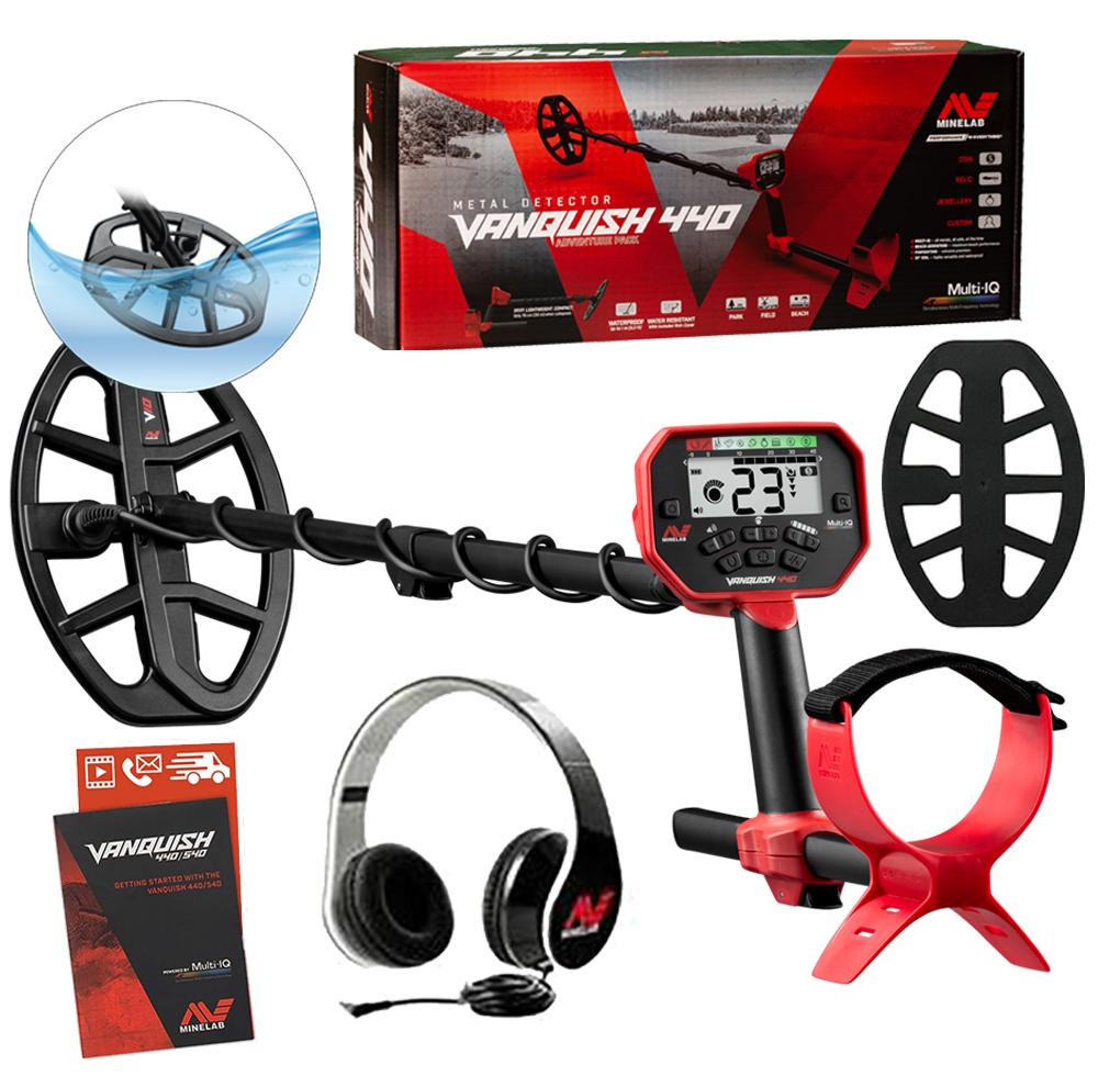 Minelab vanquish metal detector, detector box, headphones, coil and cover, and quick start guide.