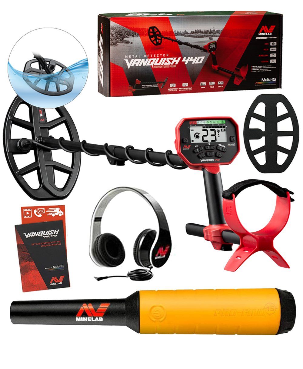 Minelab Vanquis 440 metal detector, Pro-Find pinpointer, headphones, coil cover, and quick start guides.,