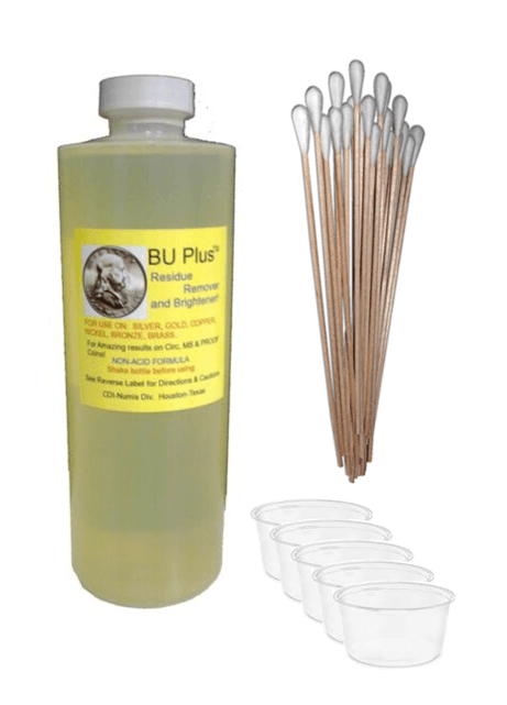 Coin & Relic Cleaning Kit - BU Plus Coin and Relic Residue Remover and Brightener 4 oz. Bottle, Cotton Swabs, and Containers