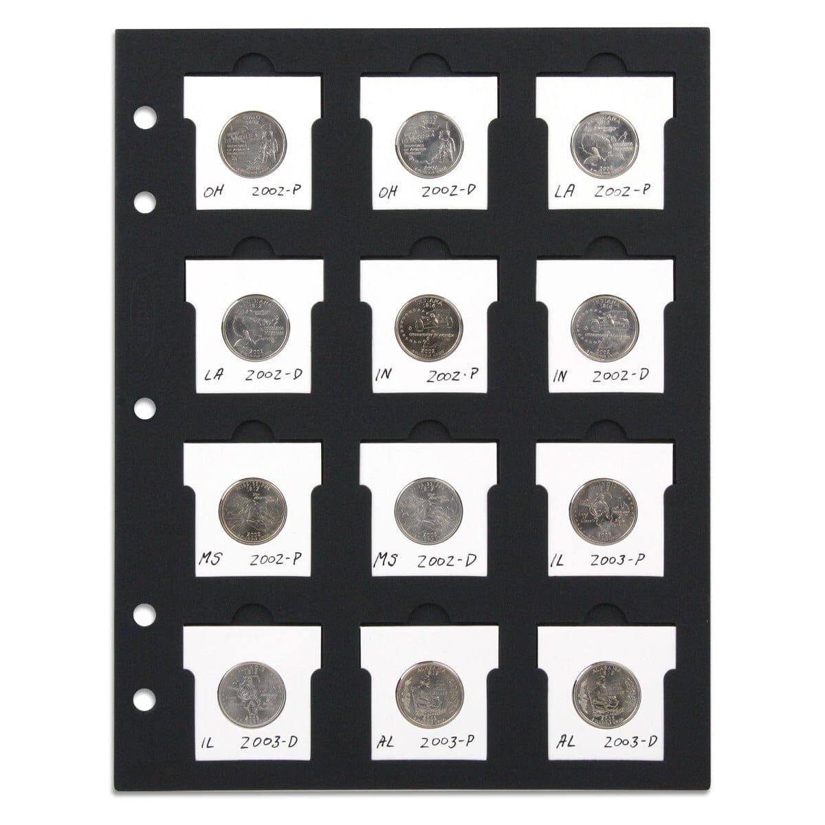 coins displayed in slotted paper page for coin collecting
