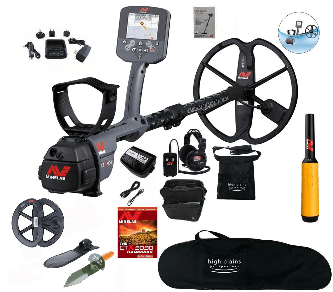 Minelab CTX 3030 Waterproof Metal Detector with Extra 6" Smart Coil, Pro Find 35, and FREE High Plains Gear