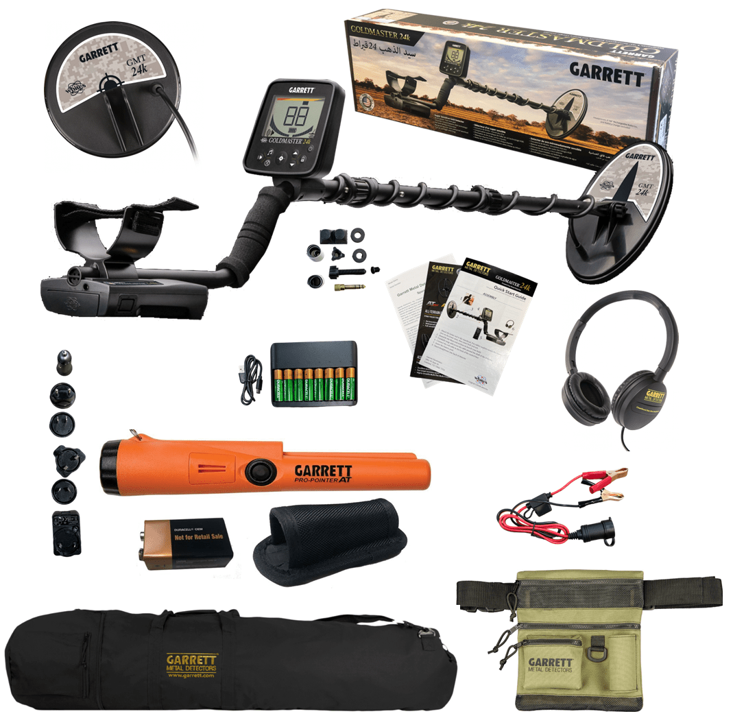 Goldmasteer 24K Metal Detector Stock Contents with carry bag, finds pouch, and garrett pro pointer at pinpointer and extra 6 inch coil
