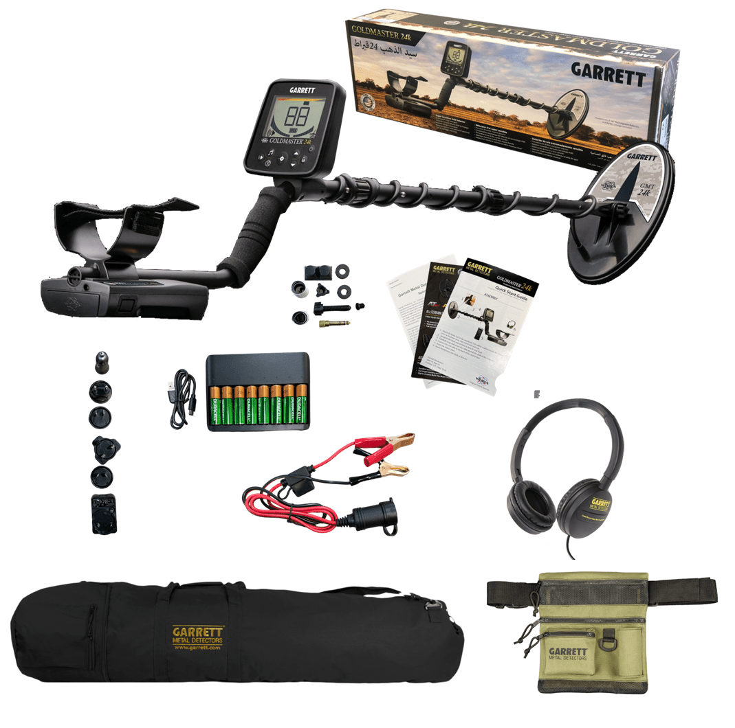 Goldmasteer 24K Metal Detector Stock Contents with carry bag and finds pouch
