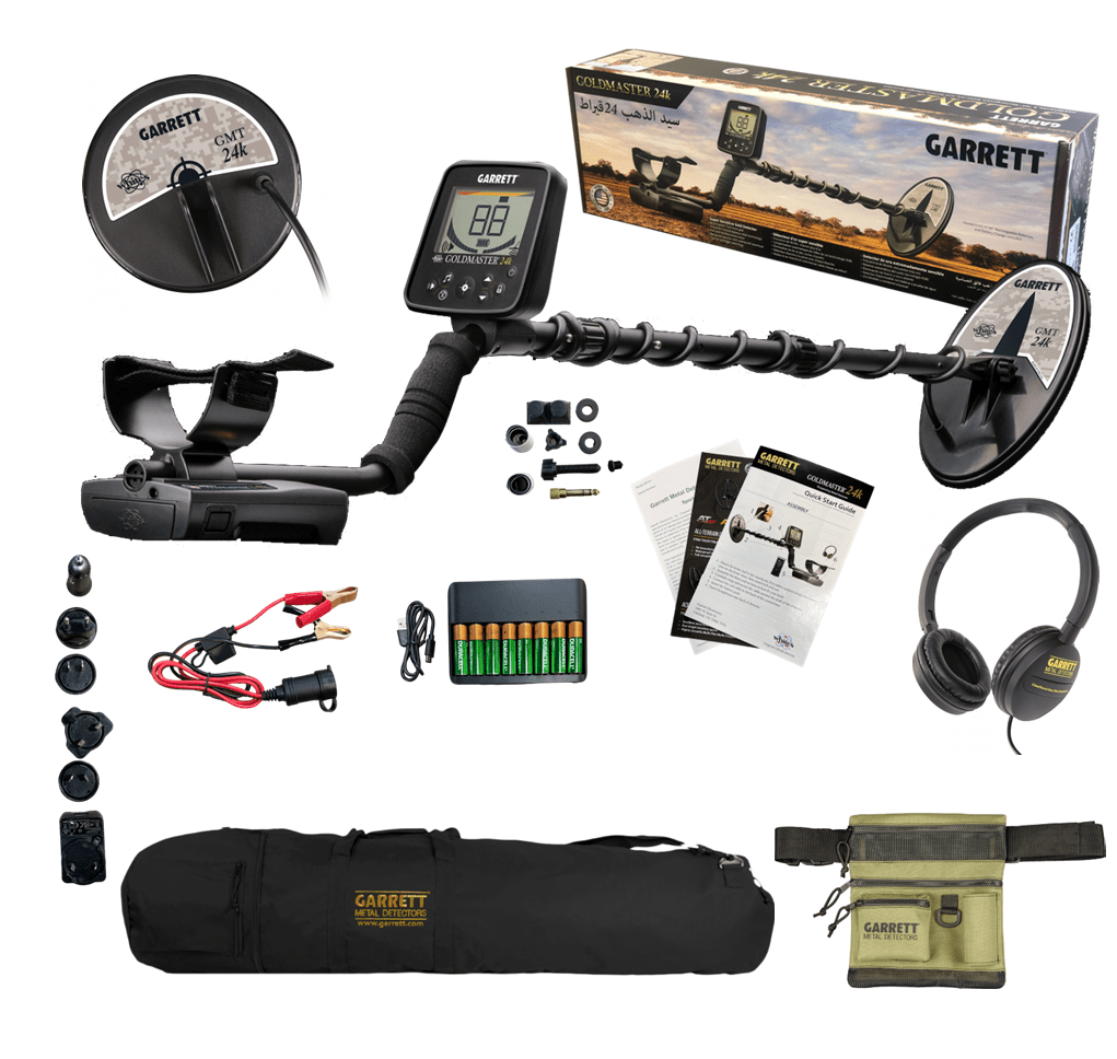 Garrett Goldmaster 24K Metal Detector with carry bag, cinds pouch, and extraa coil