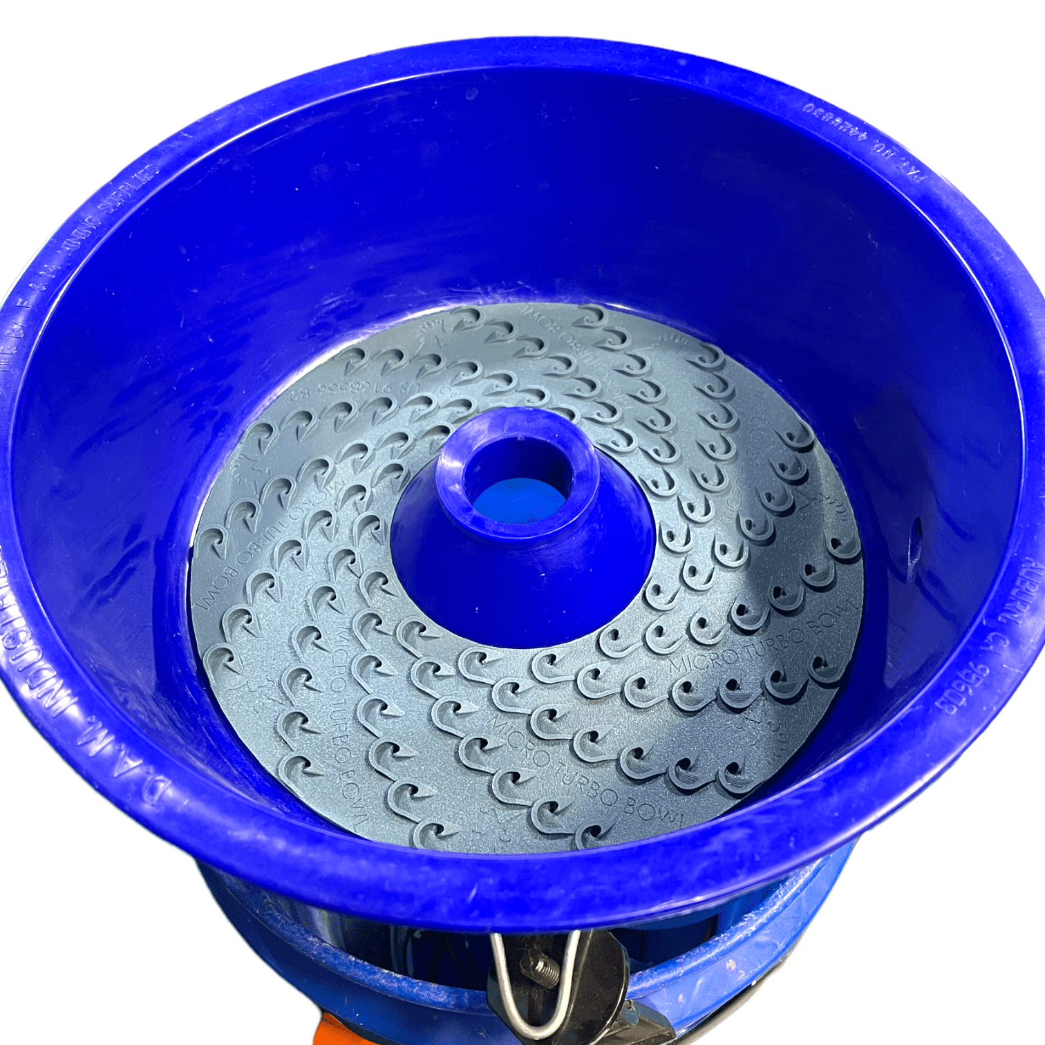 Blue bowl plumbed with pump, vortex matting, and leg levelers