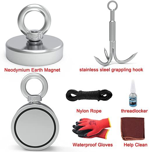 magnet fishing kit with two magnet, one single sided, one double sided, stainless steel grappling hook, rope, locktite, gloves, and cloth close up.