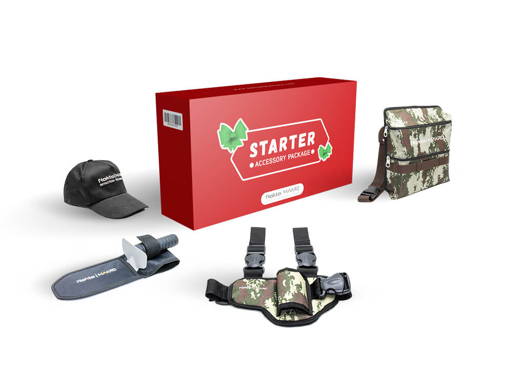 Nokta Makro Starter  Package includes Premium Stainless Steel Digger, Finds Pouch, PP Leg Holster, and Cap