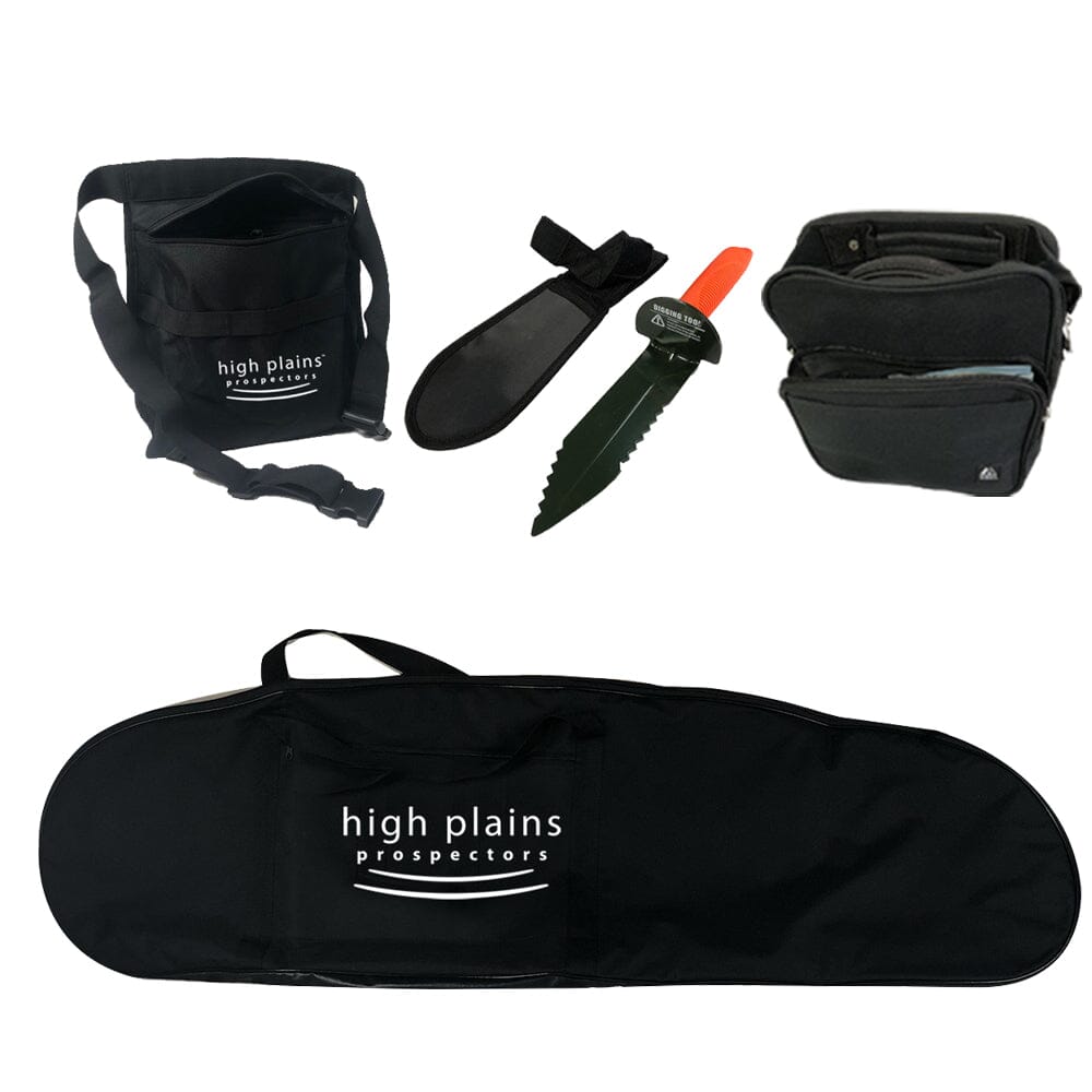 free high plains gear that comes with minelab equinox 900 metal detector.  Large padded carry bag, finds pouch, serrated edge digger and headphones/gear pouch