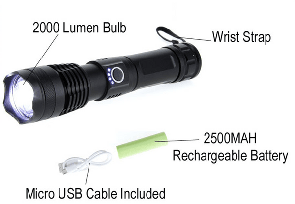 High Power Super Bright Rechargeable Flashlight, 2000 Lumens White