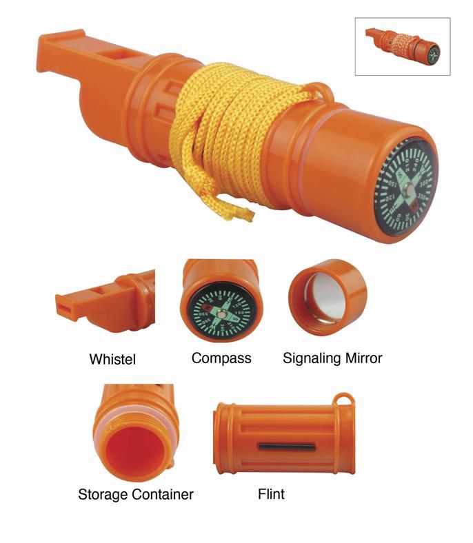 5-IN-1 Orange Survival Whistle With Lanyard All Pieces Outlined