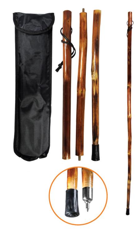 great three piece wood walking stick with carrying case, collapsed and assembled
