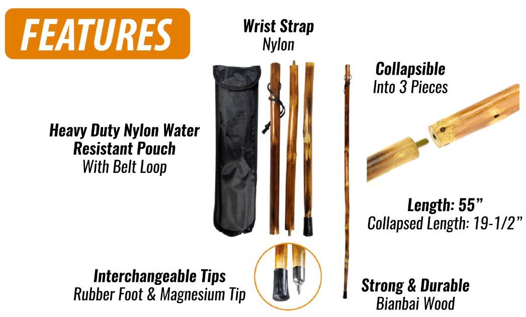 detailed features of collapsible wooden walking stick